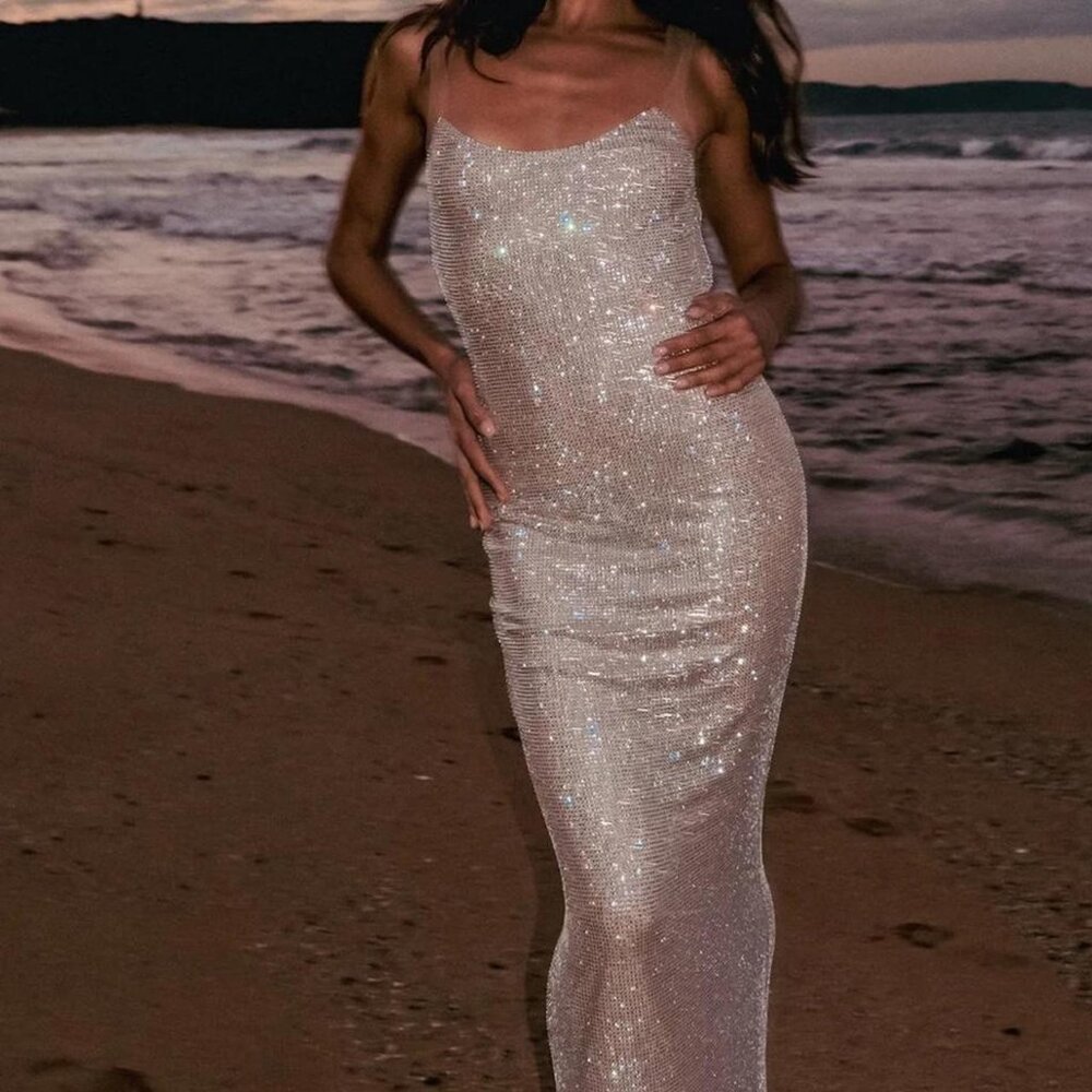 Meshki Jasmyn Hot Fix Maxi Dress With Mesh Back - Nude XXS